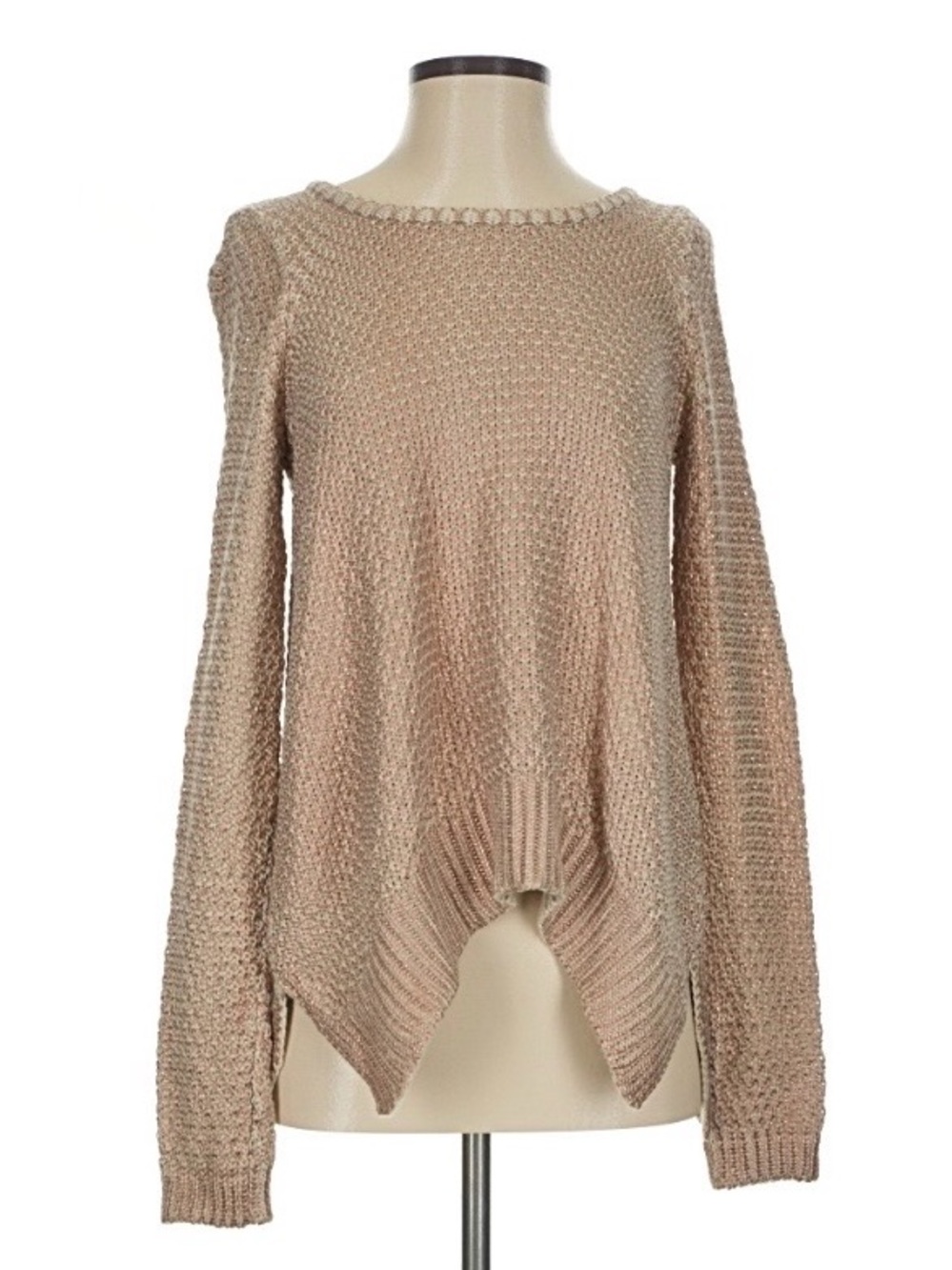 Moth Beige Pointelle Crewneck Sweater with Asymmetrical Hem